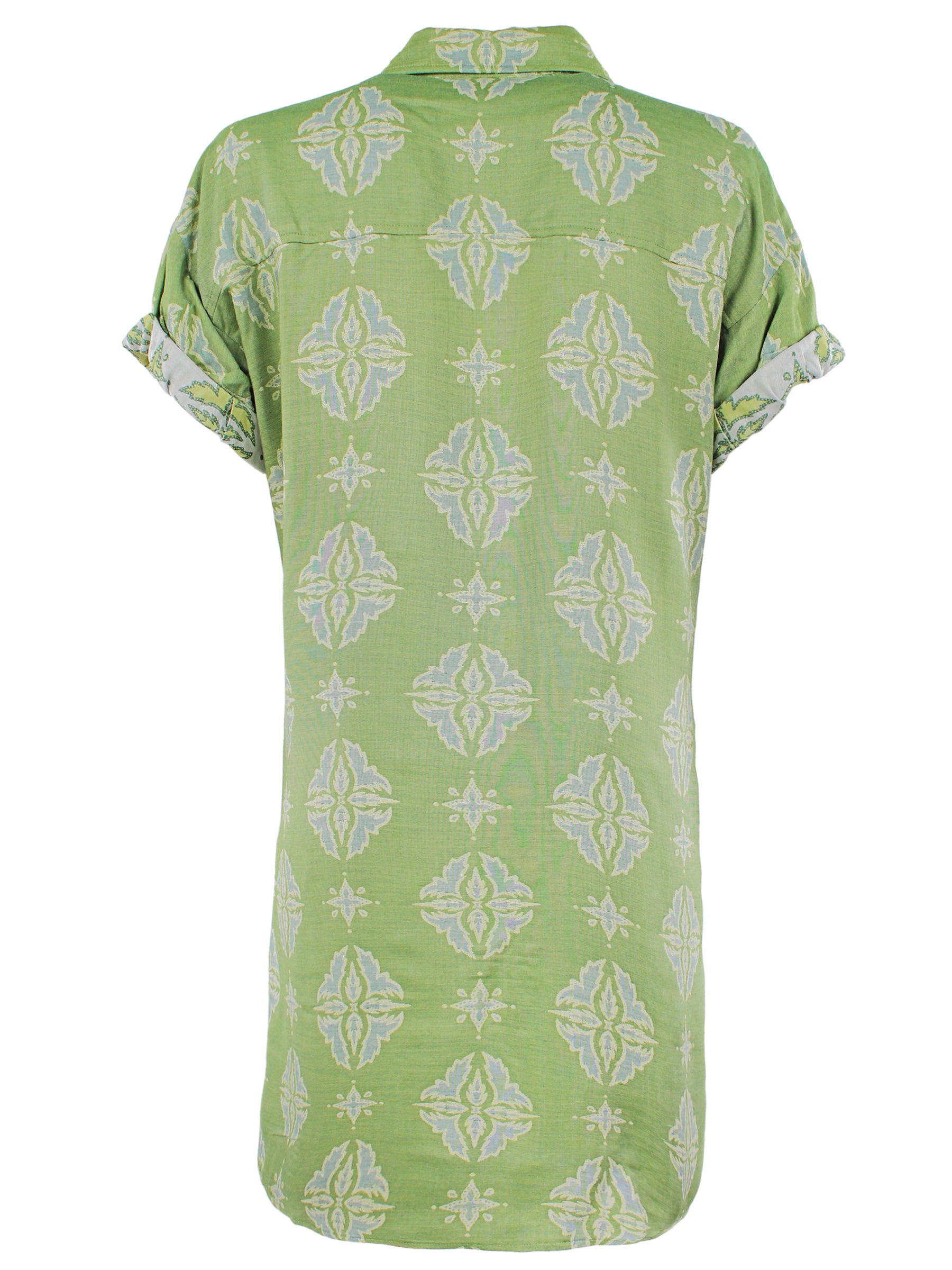 Back view of Finley Roll Sleeve Camp Shirt Dress in green and yellow jacquard with back yoke and rounded hem. Shift silhouette.