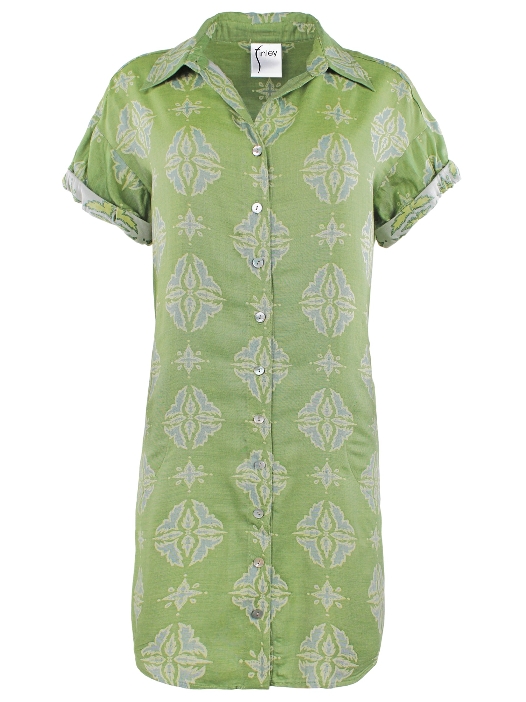Front view of Finley Roll Sleeve Camp Shirt Dress: green and yellow jacquard, spread collar, short rolled sleeves.
