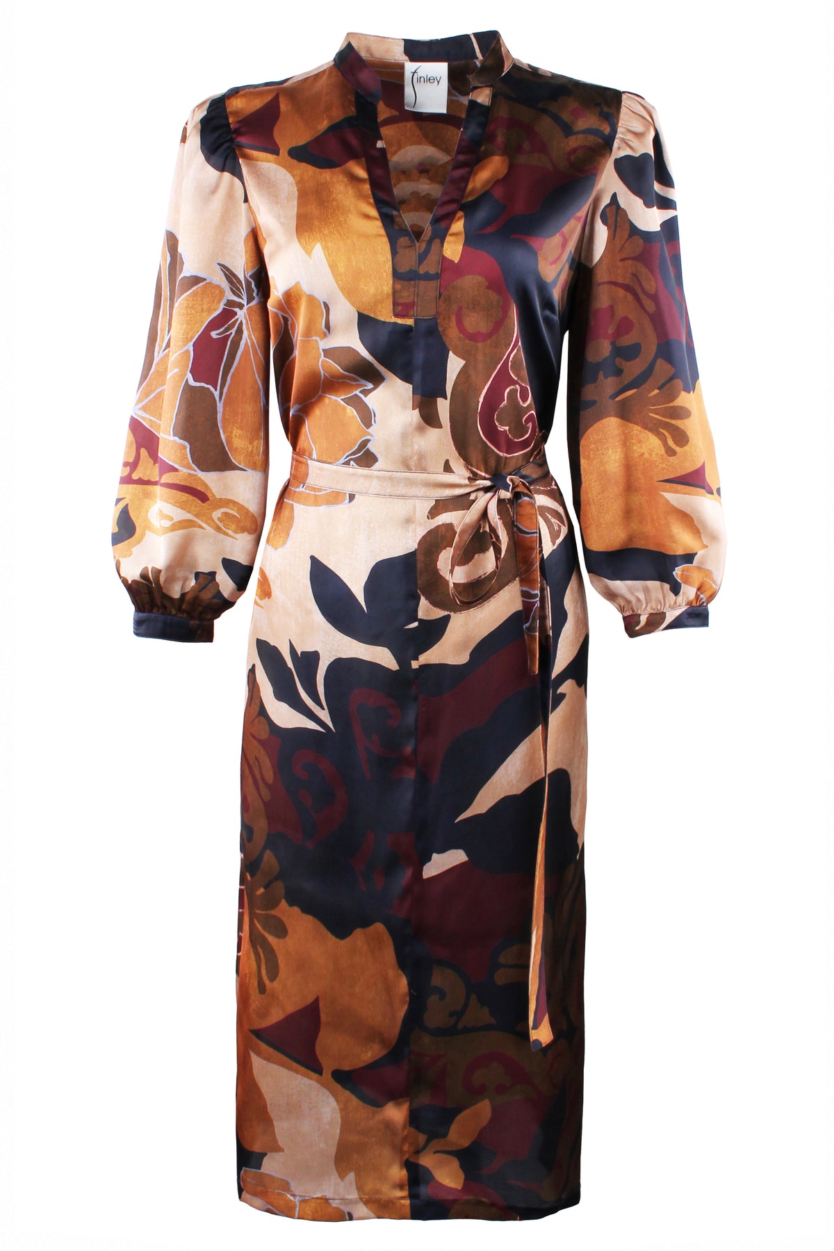 A long-sleeved midi dress with a tie waist and a bold abstract floral pattern in shades of orange, brown, beige, and navy blue, shown against a plain white background.