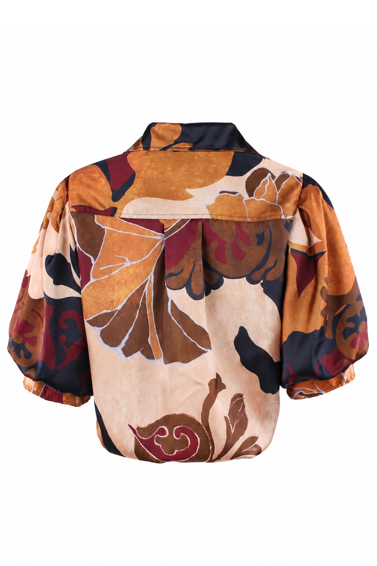 A short-sleeve collared shirt with a bold retro floral pattern in orange, brown, beige, and burgundy, shown from the back against a plain white background.