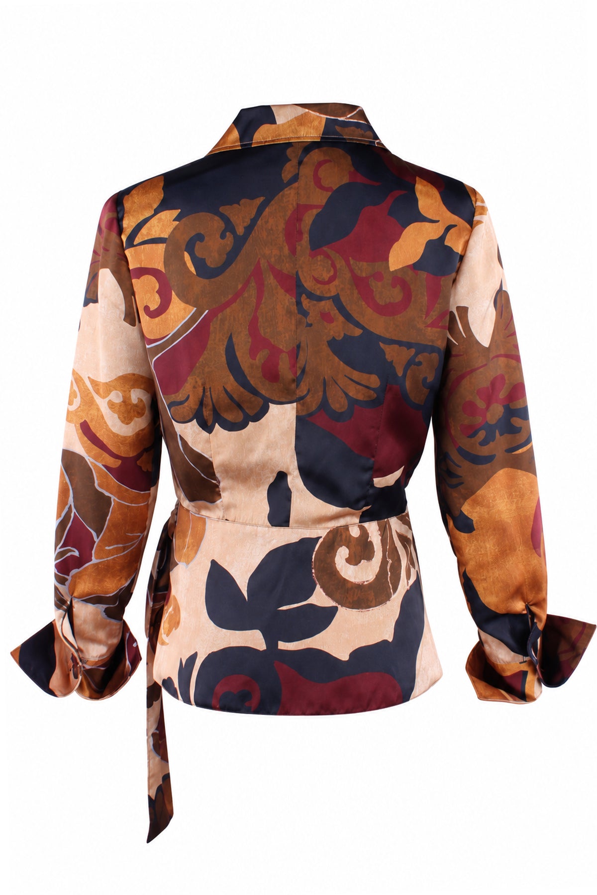 A long-sleeve wrap-style blouse shown from the back, featuring an intricate baroque-style damask pattern in brown, beige, burgundy, and navy blue.