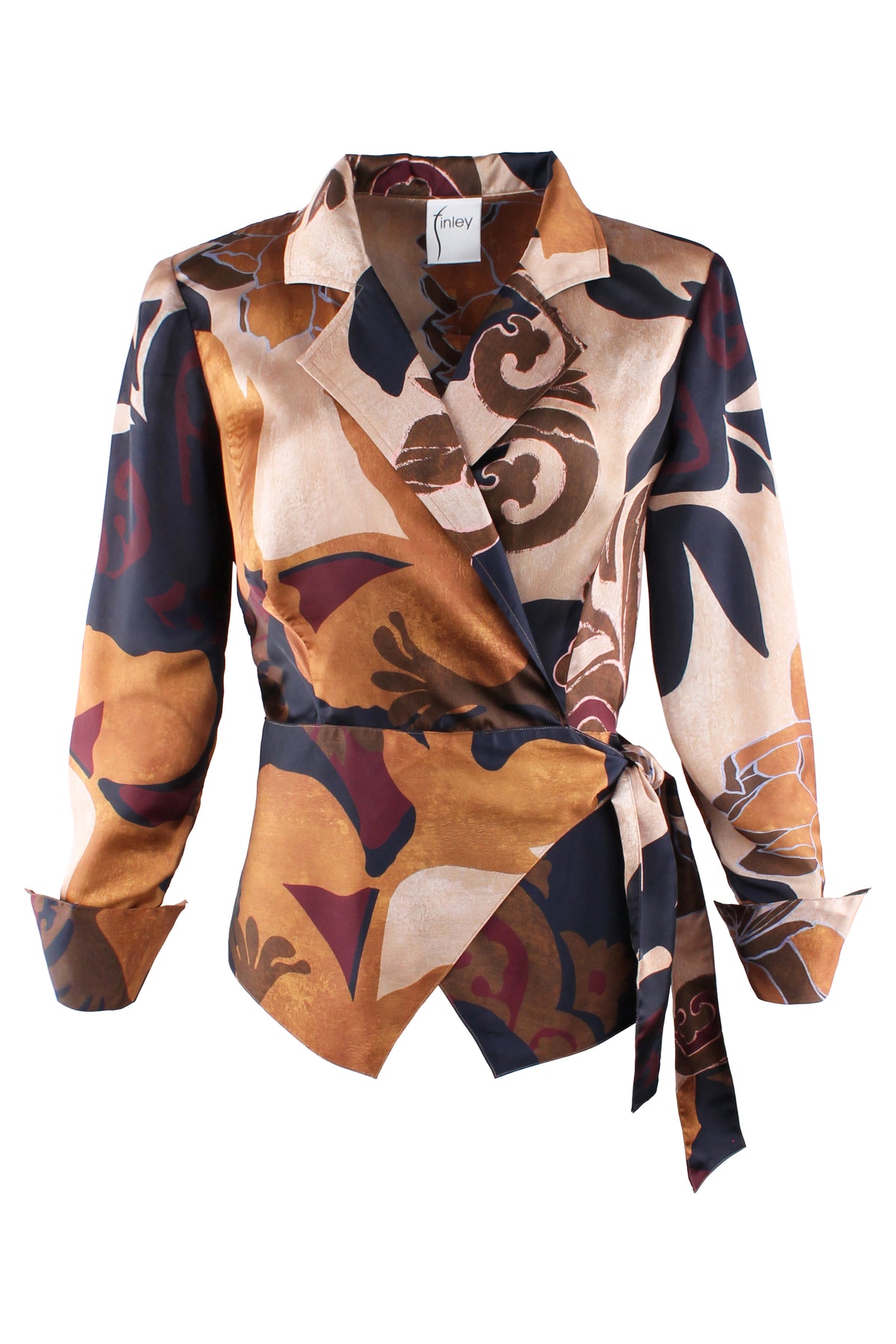 A long-sleeve wrap shirt with a bold abstract pattern in beige, brown, navy, and burgundy, featuring a tie waist and collar, shown against a plain white background.