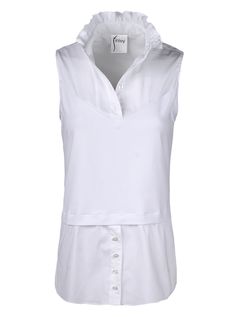 The Finley Girly Layering Tank, a sleeveless white popover tank with a tailored fit and a ruffle collar.