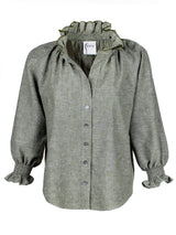 The Finley Fiona shirt, a washed hemp sage green chambray button down blouse with ruffle detailing on collar and sleeves - front view