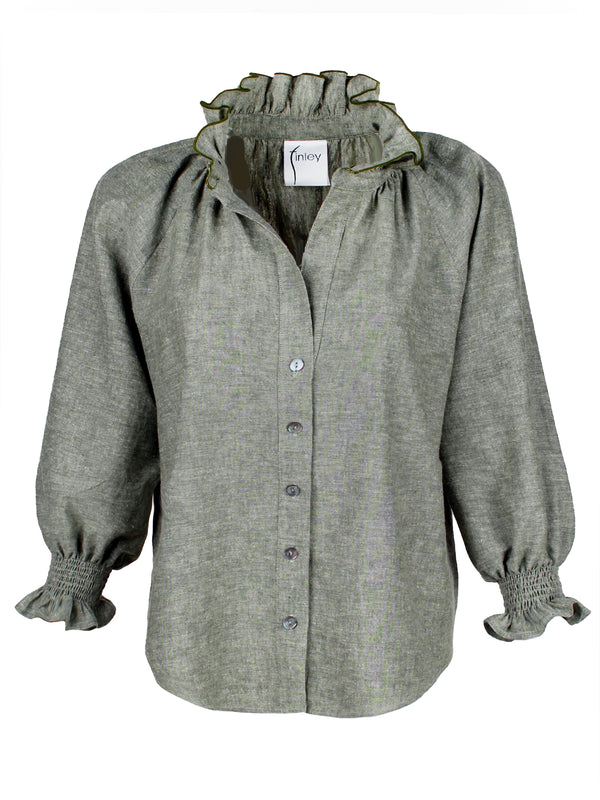 The Finley Fiona shirt, a washed hemp sage green chambray button down blouse with ruffle detailing on collar and sleeves - front view