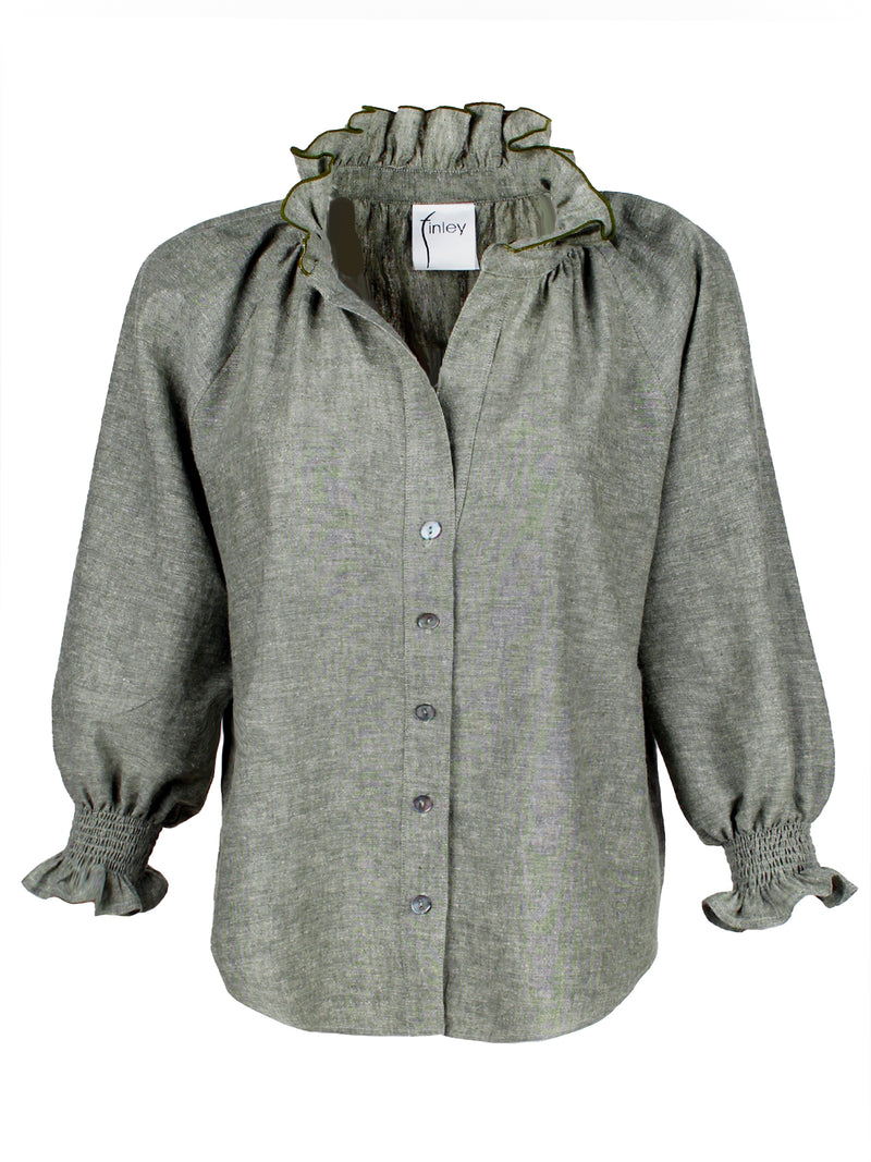 The Finley Fiona shirt, a washed hemp sage green chambray button down blouse with ruffle detailing on collar and sleeves - front view