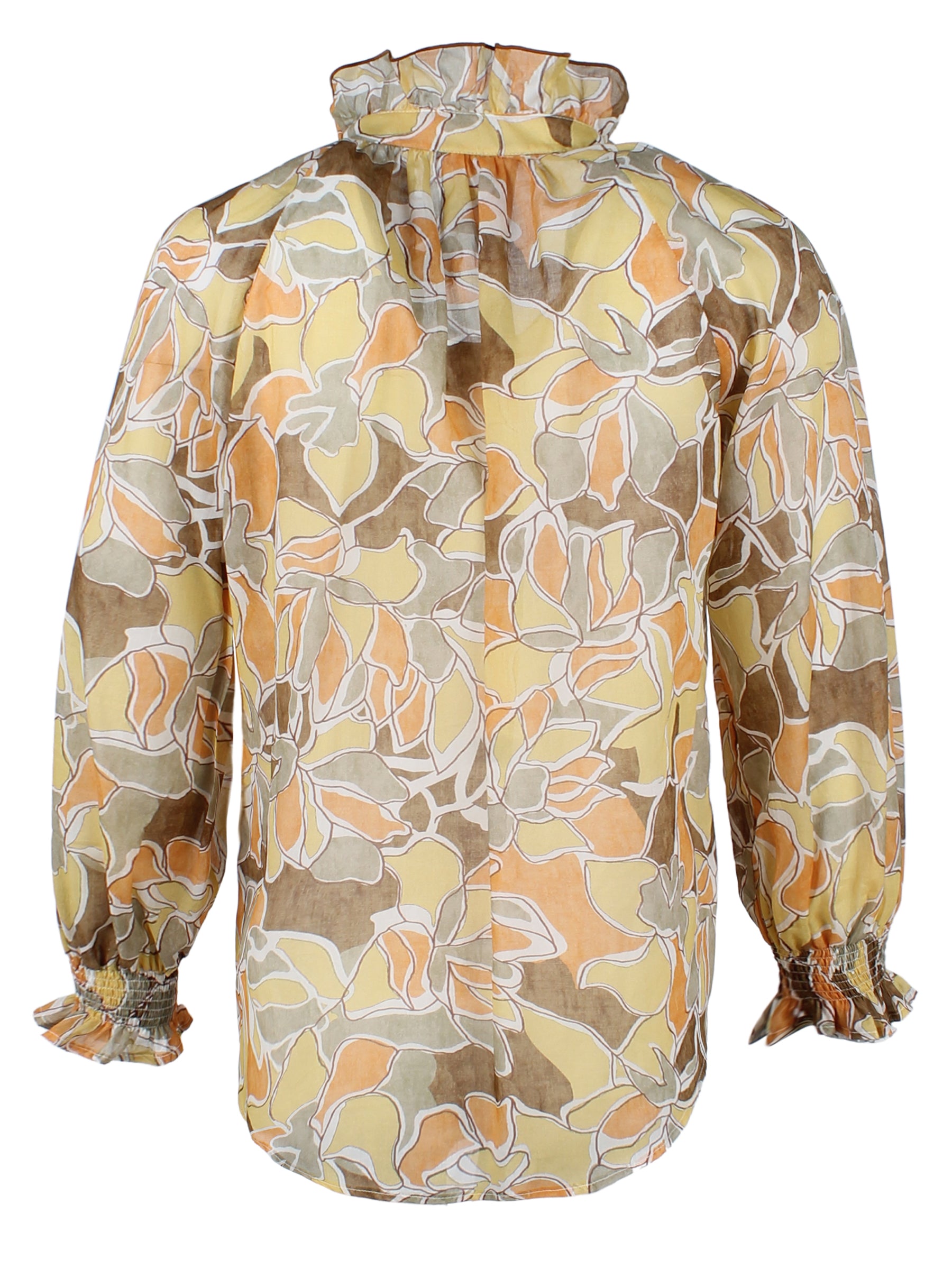 One Of A Kind Fiona Yellow & Brown Abstract Voile Ruffle Blouse