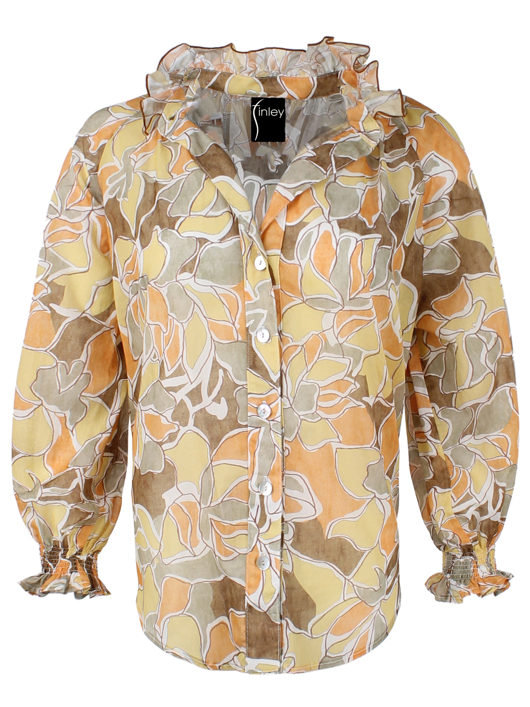 One Of A Kind Fiona Yellow & Brown Abstract Voile Ruffle Blouse