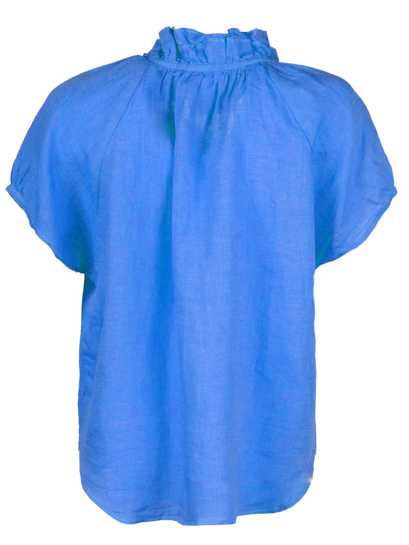 The Finley Frankie blouse, a casual key lime green washed linen short sleeve button-down blouse with ruffle collar detailing.