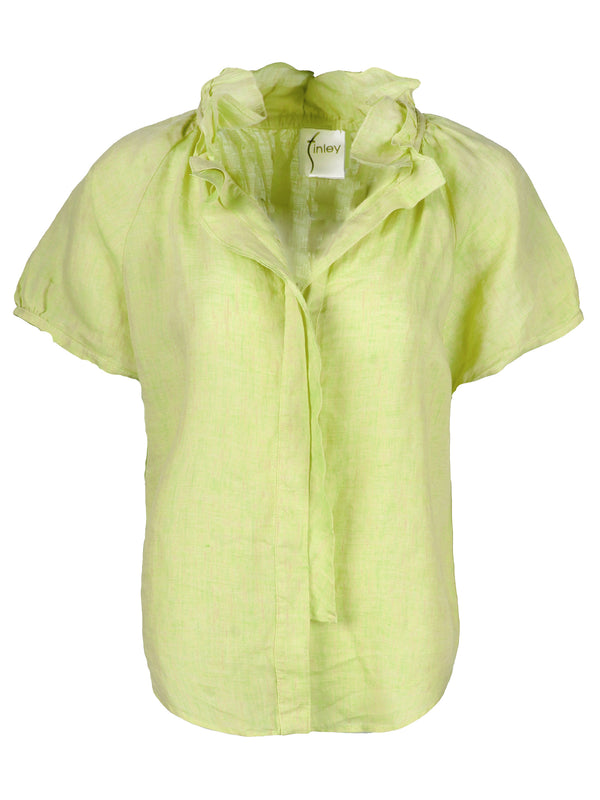 The Finley Frankie blouse, a casual key lime green washed linen short sleeve button-down blouse with ruffle collar detailing.