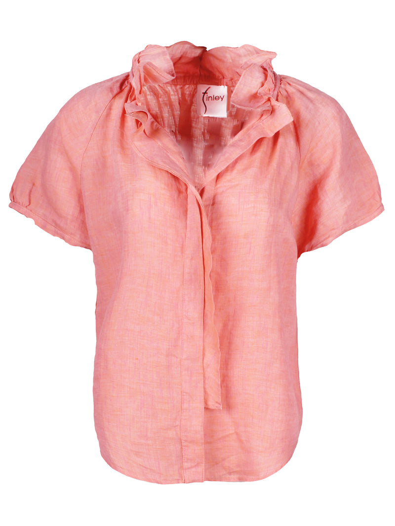 The Finley Frankie blouse, a peach pink washed linen short sleeve casual button-down blouse with a ruffle collar.