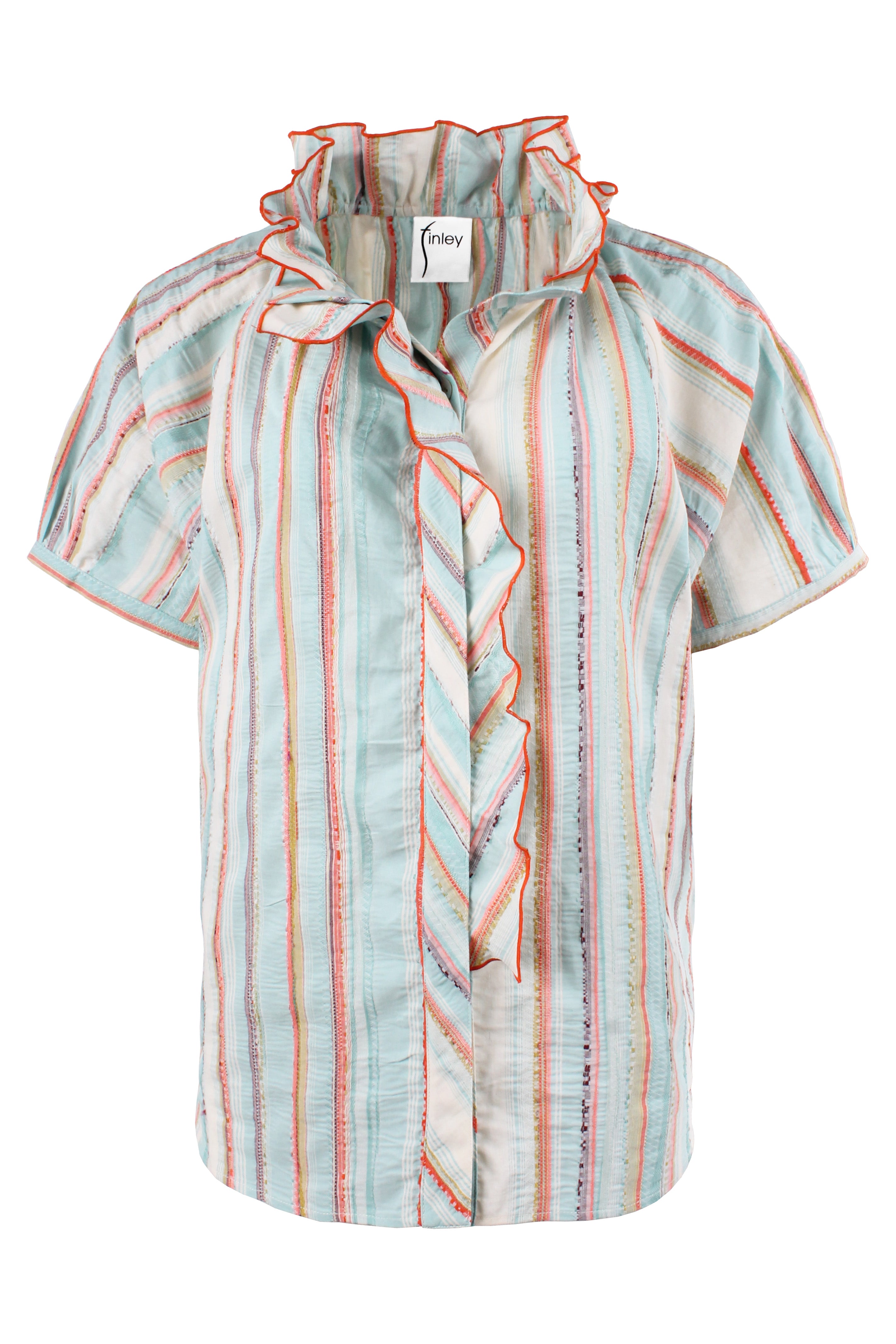 Striped blouse with ruffled collar on a white background