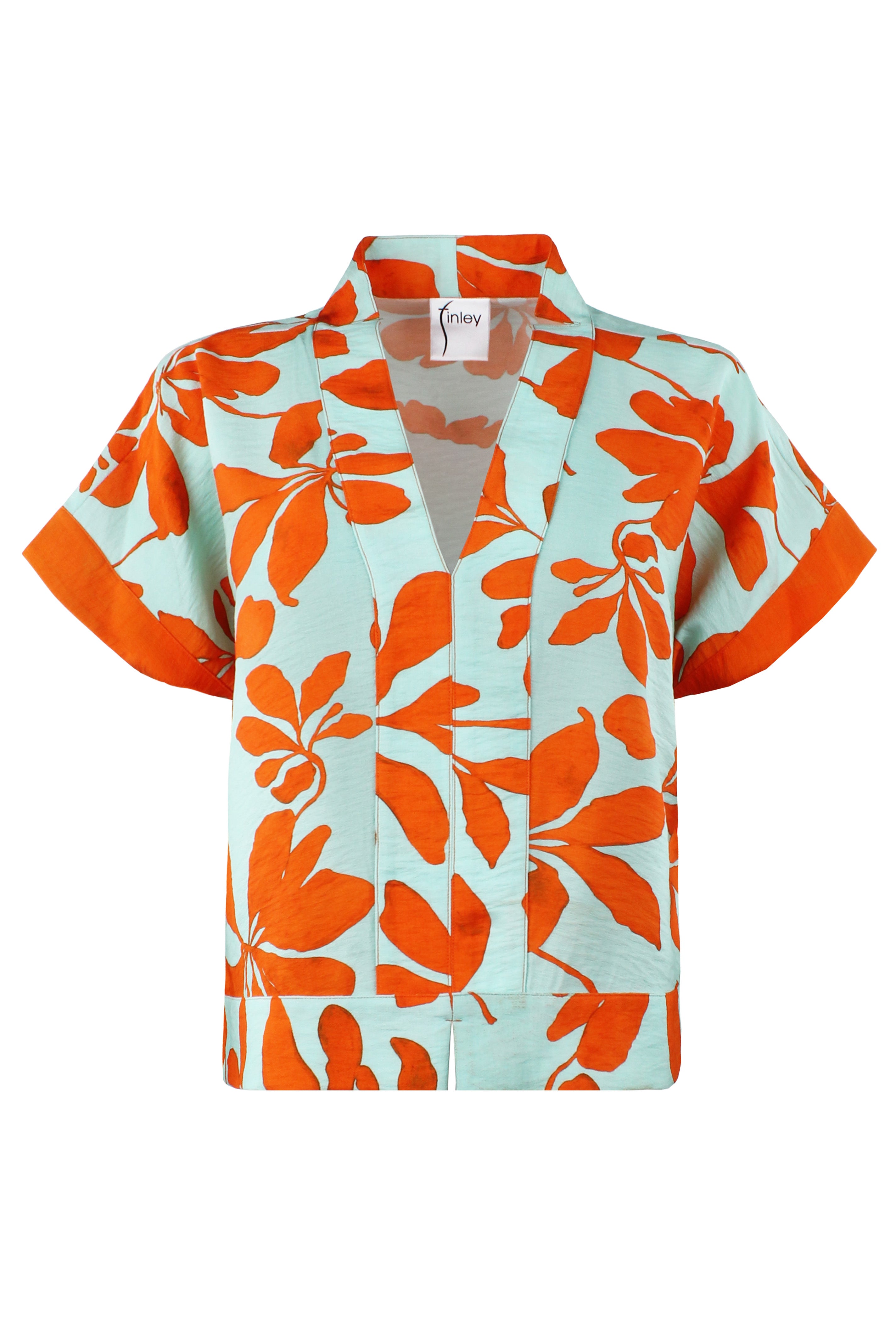 Suki | Aqua and Orange Print V-Neck Popover Blouse | Finley
