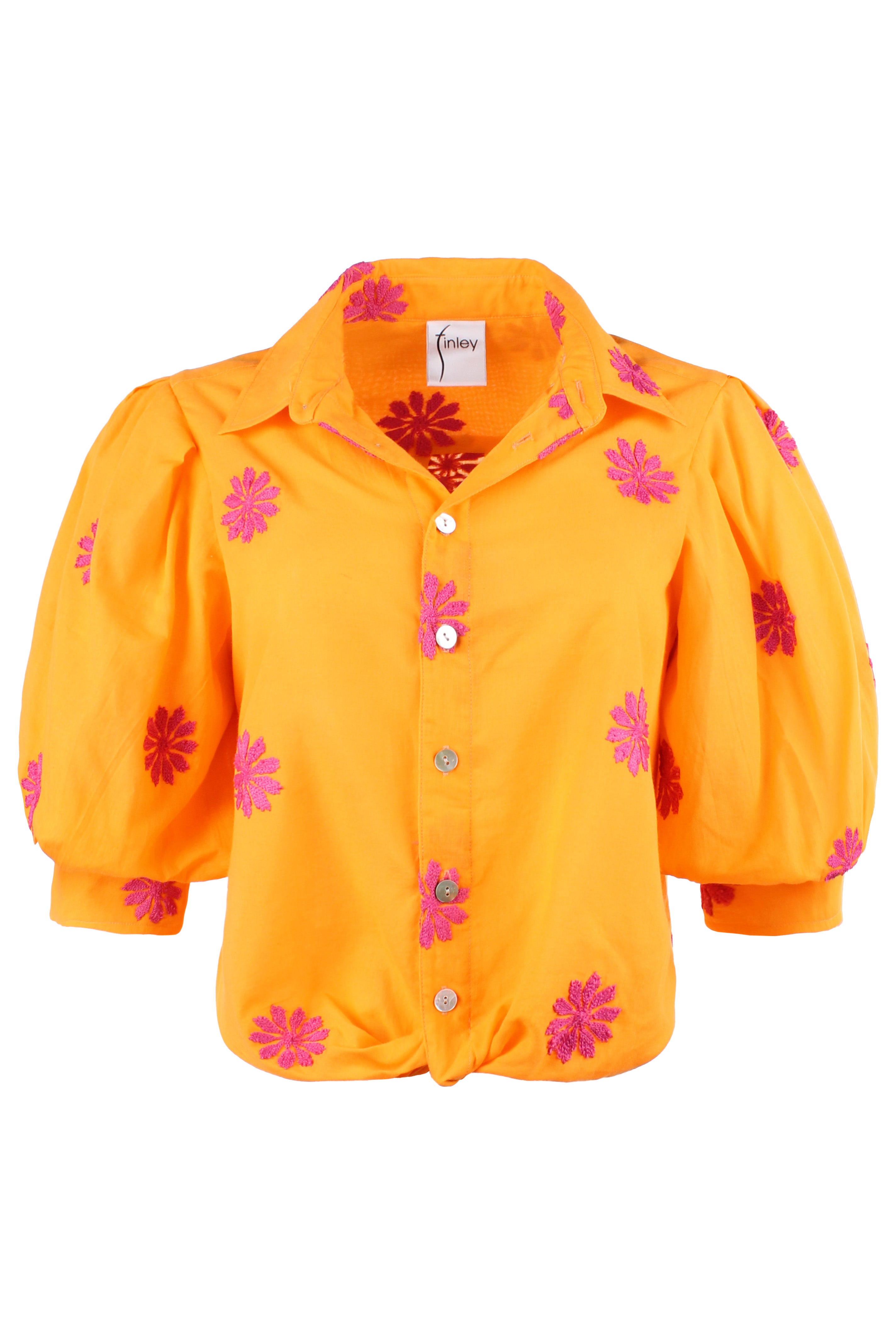 Bomba Twist-Hem Short Sleeve Shirt, Pink Floral Embroidery