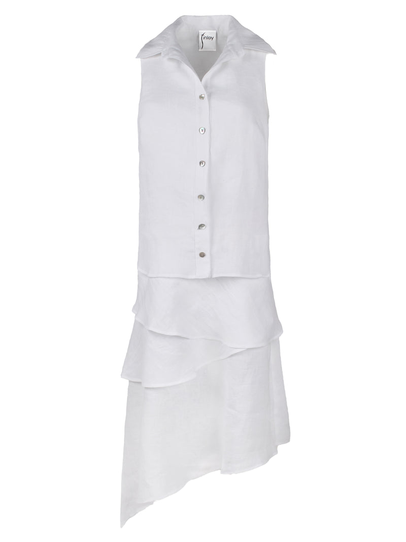 The Finley Jasmine dress, a white washed linen sleeveless button-down maxi dress with asymmetric tier detailing.