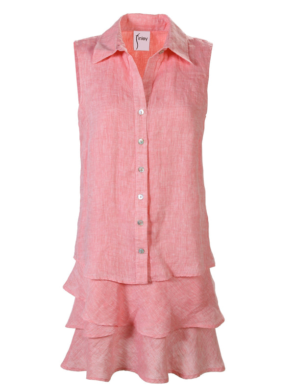 A front view of the Finley Jasmine dress, a sleeveless washed linen shirt dress with French accents and a coral pink color.