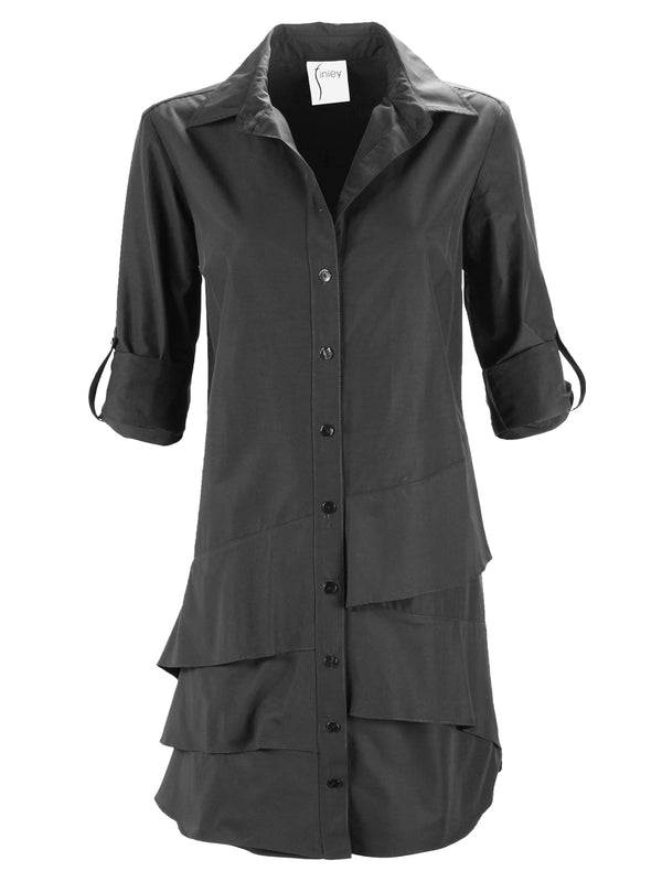 A front view of the Jenna shirt dress, a black weathercloth buttondown shirtdress with ruffle hem and a flattering, casual fit.