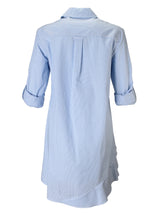 The Finley Jenna dress, a button-down crushed blue and white striped dress with a bias flounce hem accent.