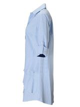 The Finley Jenna dress, a button-down crushed blue and white striped dress with a bias flounce hem accent.