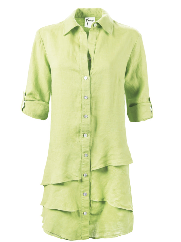 The Finley Jenna dress, a key lime green washed linen button-down midi shirt dress with a ruffle hem detail and a spread collar.