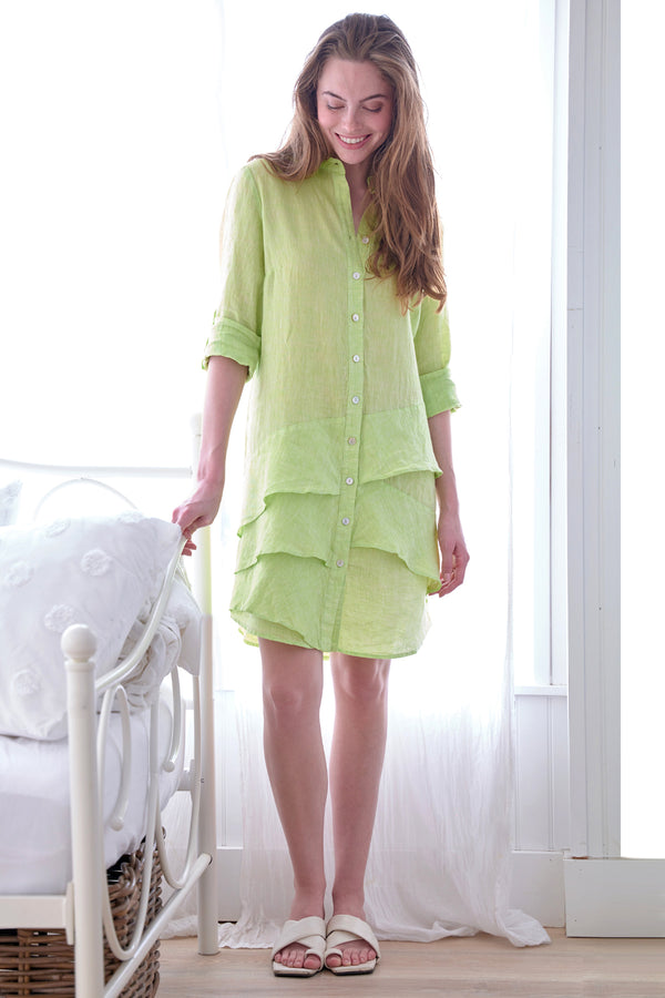 The Finley Jenna dress, a key lime green washed linen button-down midi shirt dress with a ruffle hem detail and a spread collar.