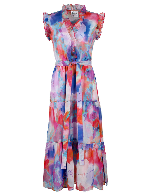 The Finley Kat dress, a 100% cotton maxi dress with sleeveless ruffle detailing, a v-neck, and a red and blue tropical floral print pattern.