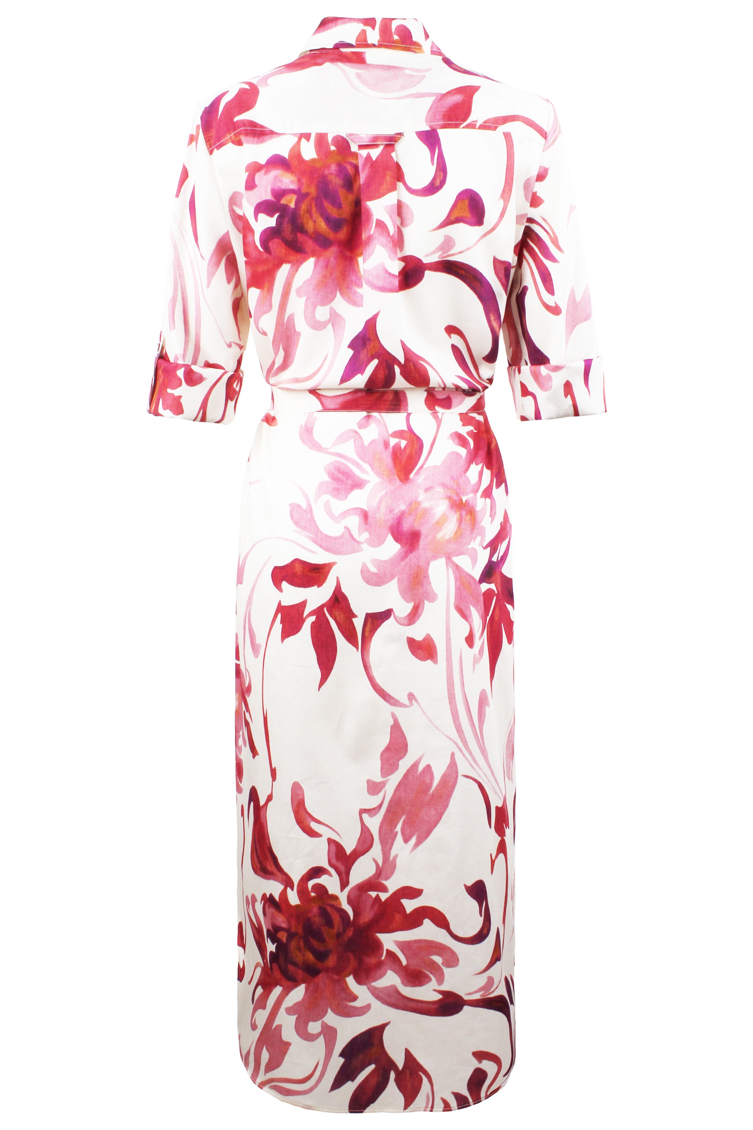 Floral dress with pink and red flowers on a white background