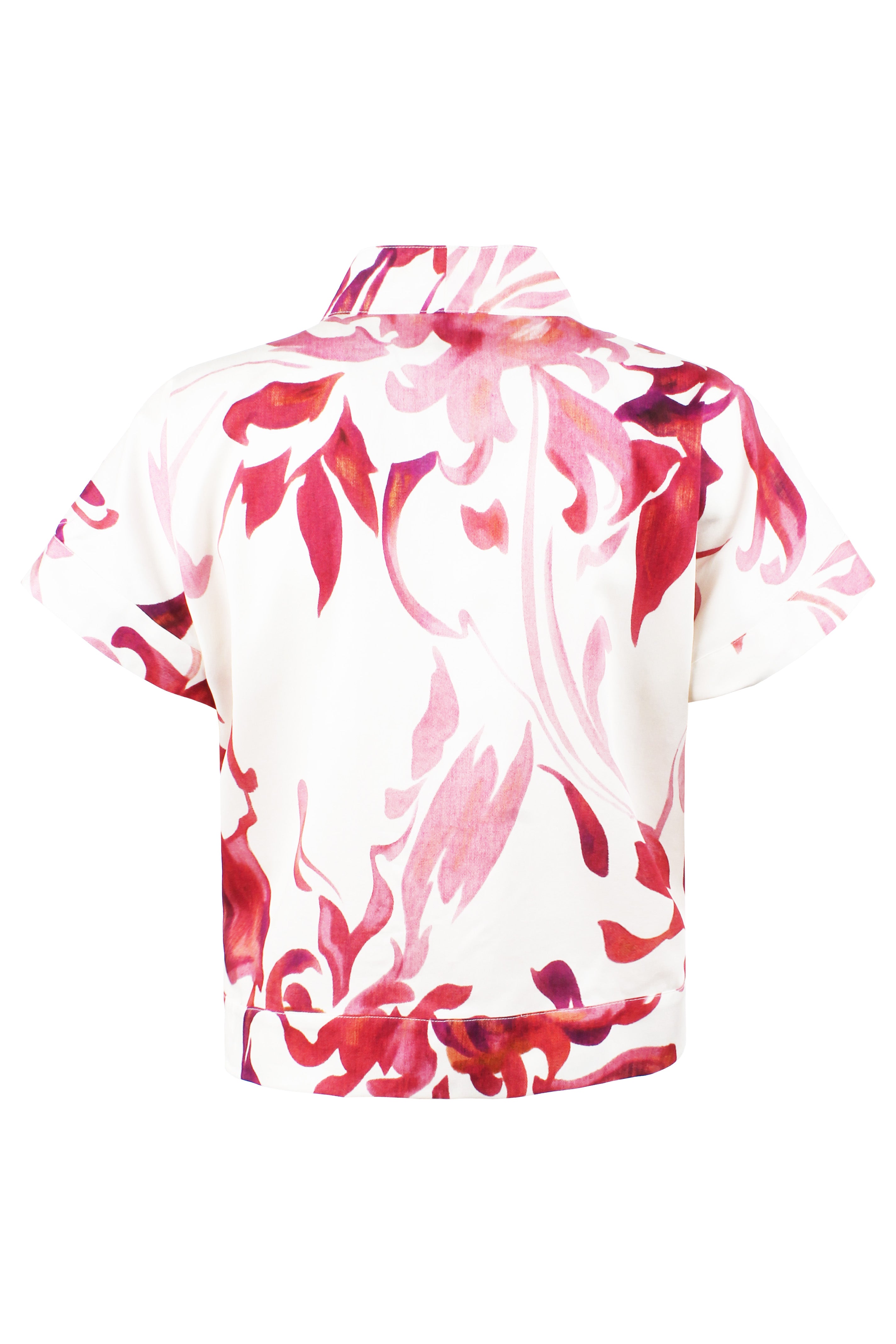 White shirt with red floral pattern on a white background