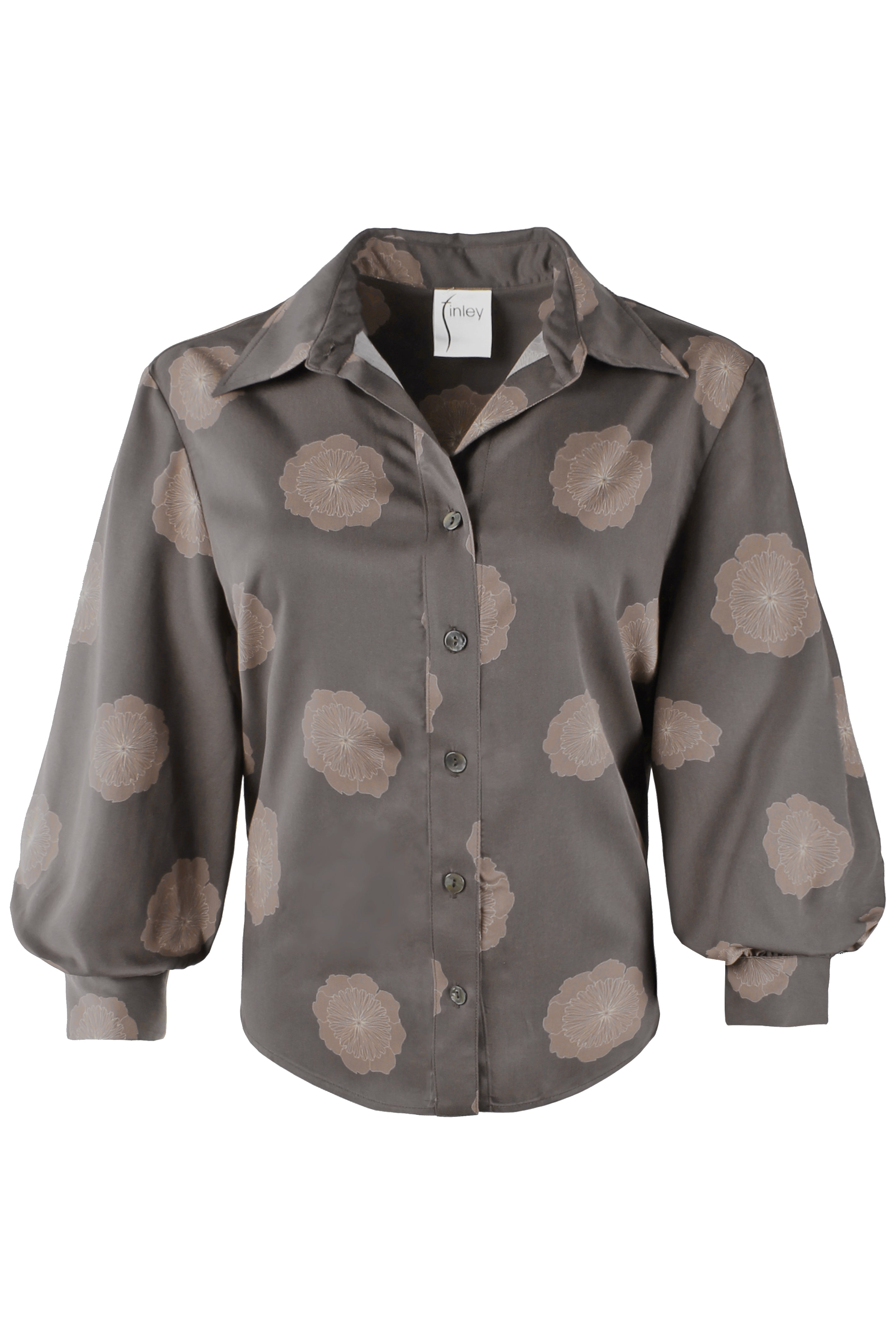 A long-sleeve button-up shirt in a dark gray-brown satin-like fabric, featuring a pattern of muted beige and taupe floral or cloud-like shapes, displayed on a clean white background.