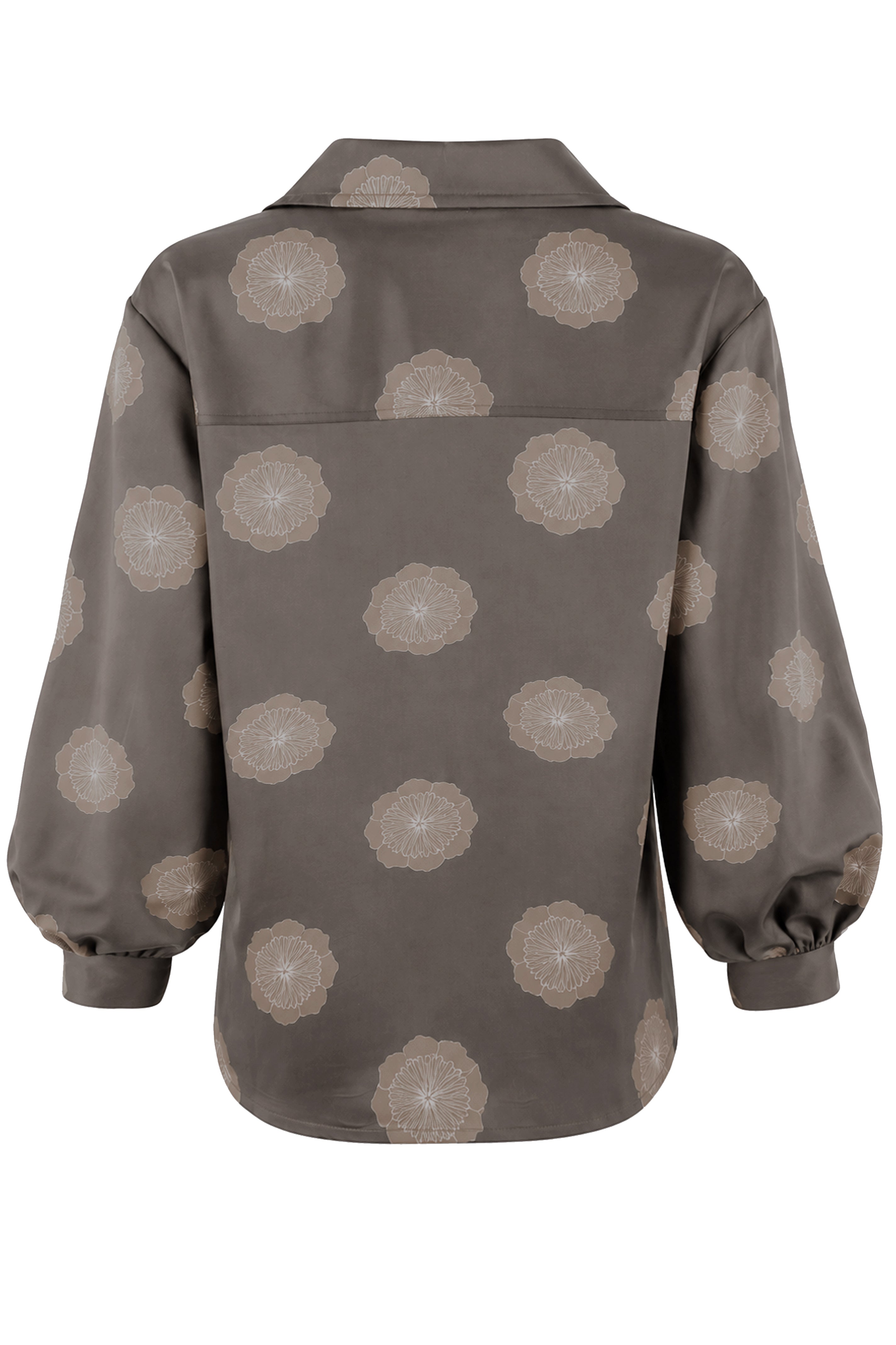 A long-sleeve button-up shirt shown from the back, featuring a dark brown base with a repeating beige floral mandala pattern.