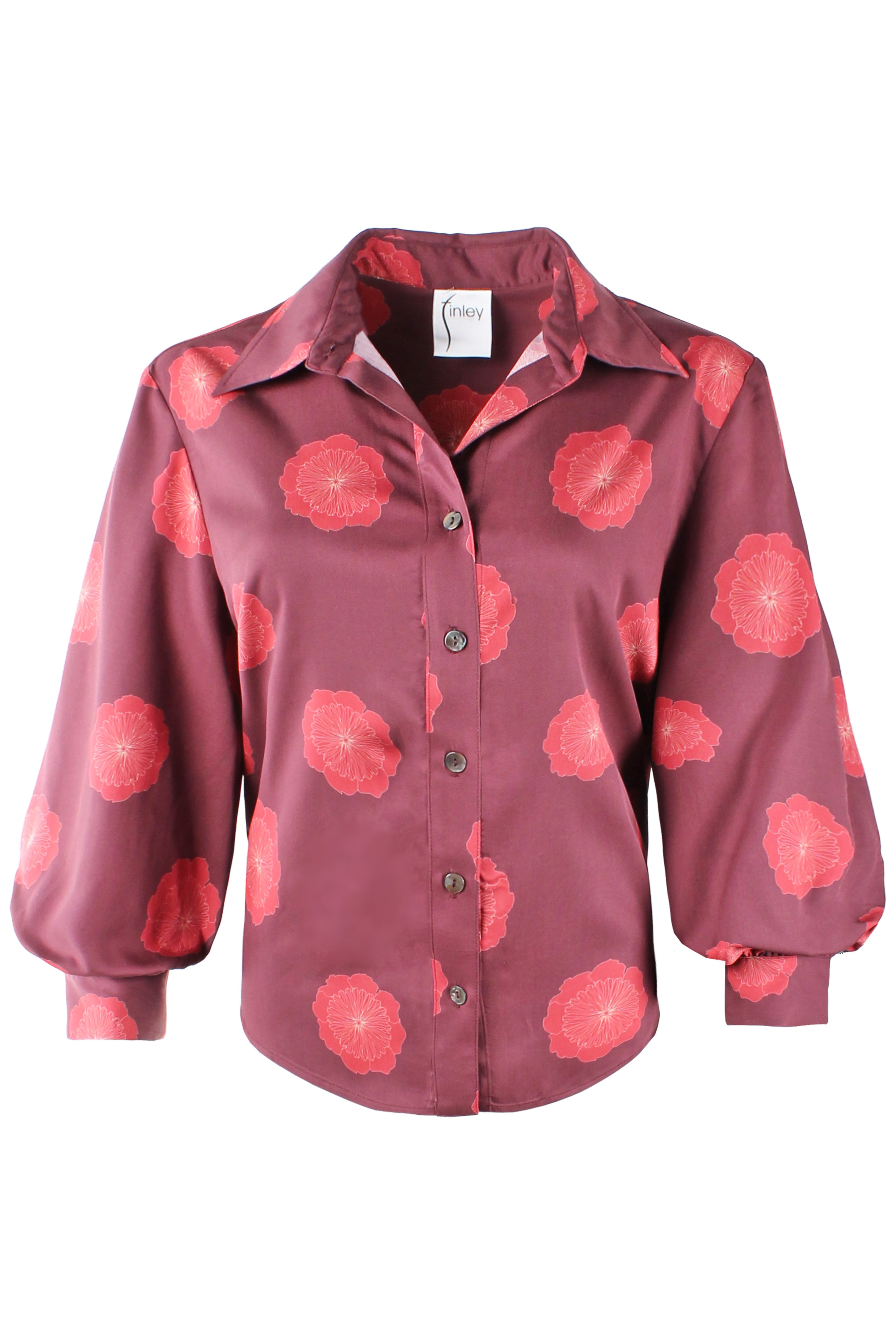 A long-sleeve button-up shirt in a dusty rose or mauve color, featuring a bold pink and red floral print, displayed on a clean white background.