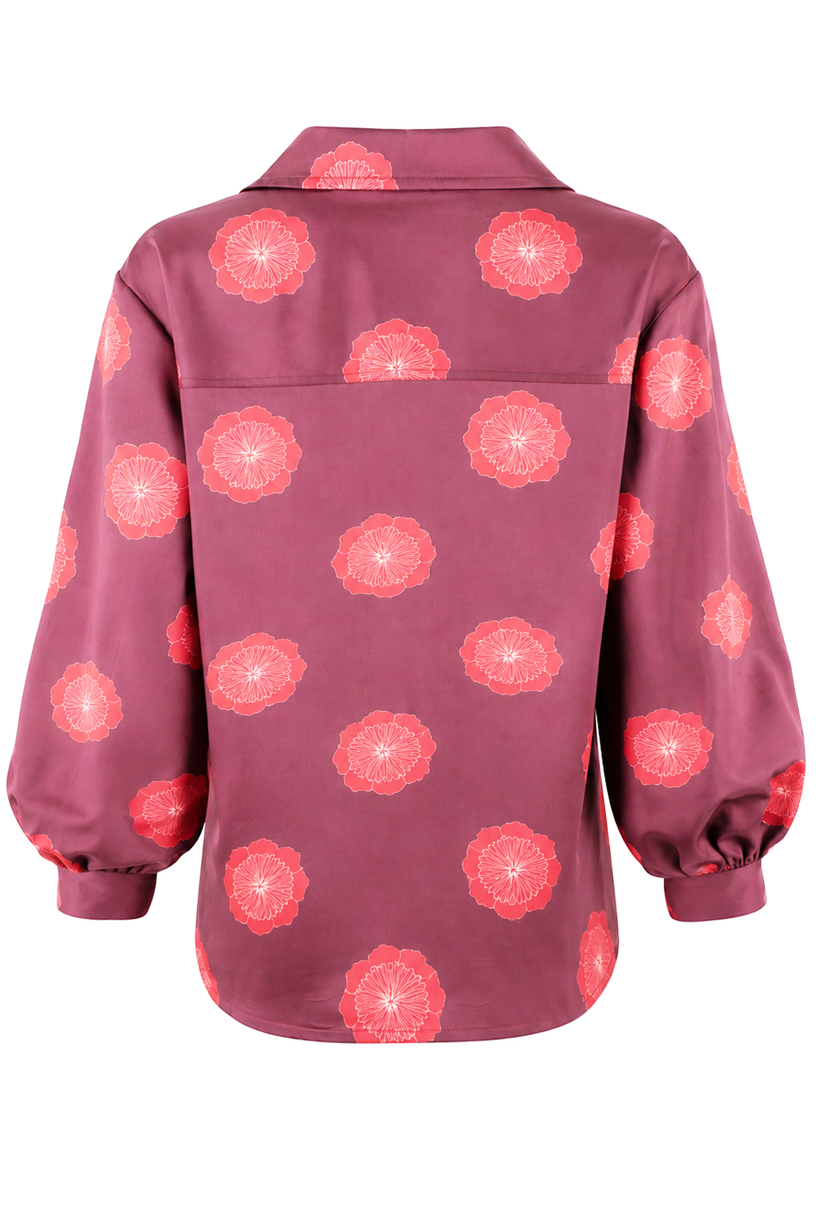 A long-sleeve button-up shirt with a collar, featuring a dusty rose base color with a repeating coral-pink floral pattern, shown against a plain white background.