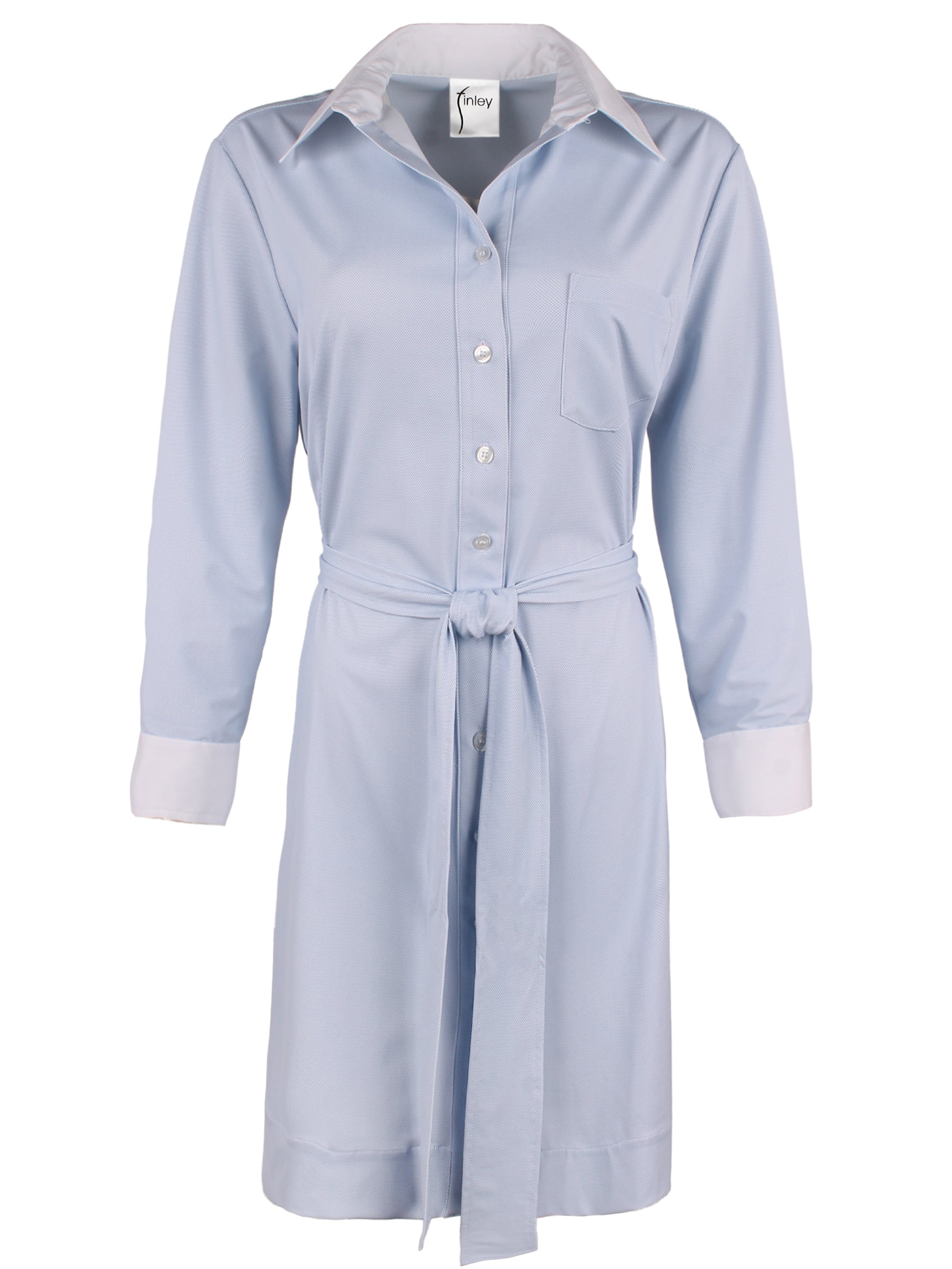 A front view of the Liam shirt dress, a semi-fitted design with a tie-front waist, long sleeves, and sky blue 4-way stretch fabric.
