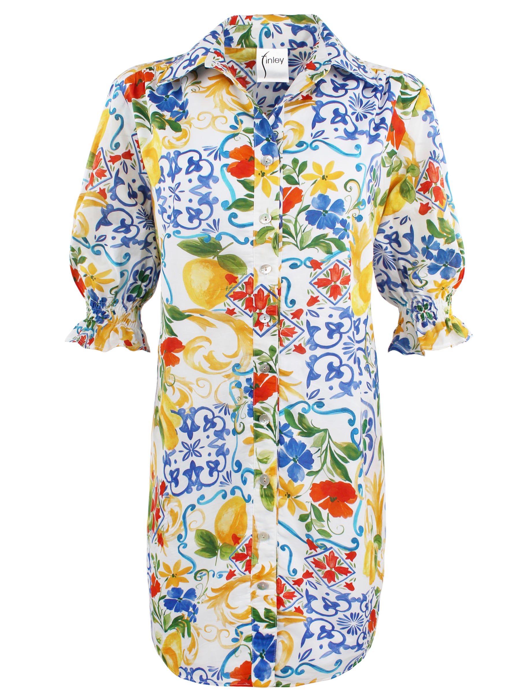 Miller Puff Sleeve Linen Shirt Dress Limoncello Print
