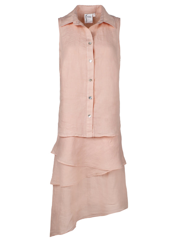 A front view of the Finley Jasmine dress, a sleeveless linen button-down light pink designer maxi dress with ruffle tiered embellishments.