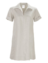 A front view of Finley Marcia dress, a blush pink washed linen short-sleeve v-neck shirt dress.