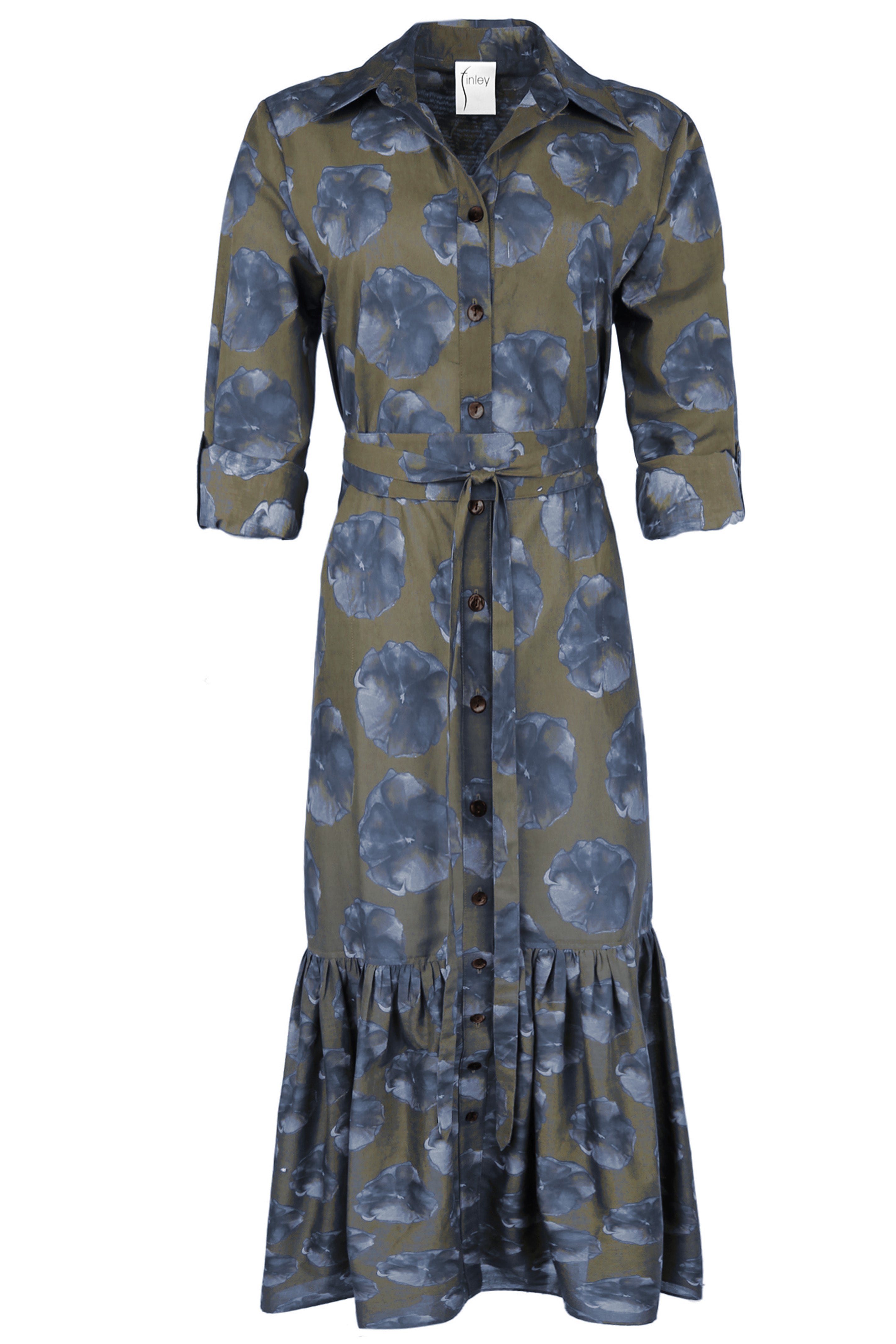 A front view of the Finley Trisha dress, a cotton maxi tie-front dress with an a-line silhouette and an olive & navy floral print.