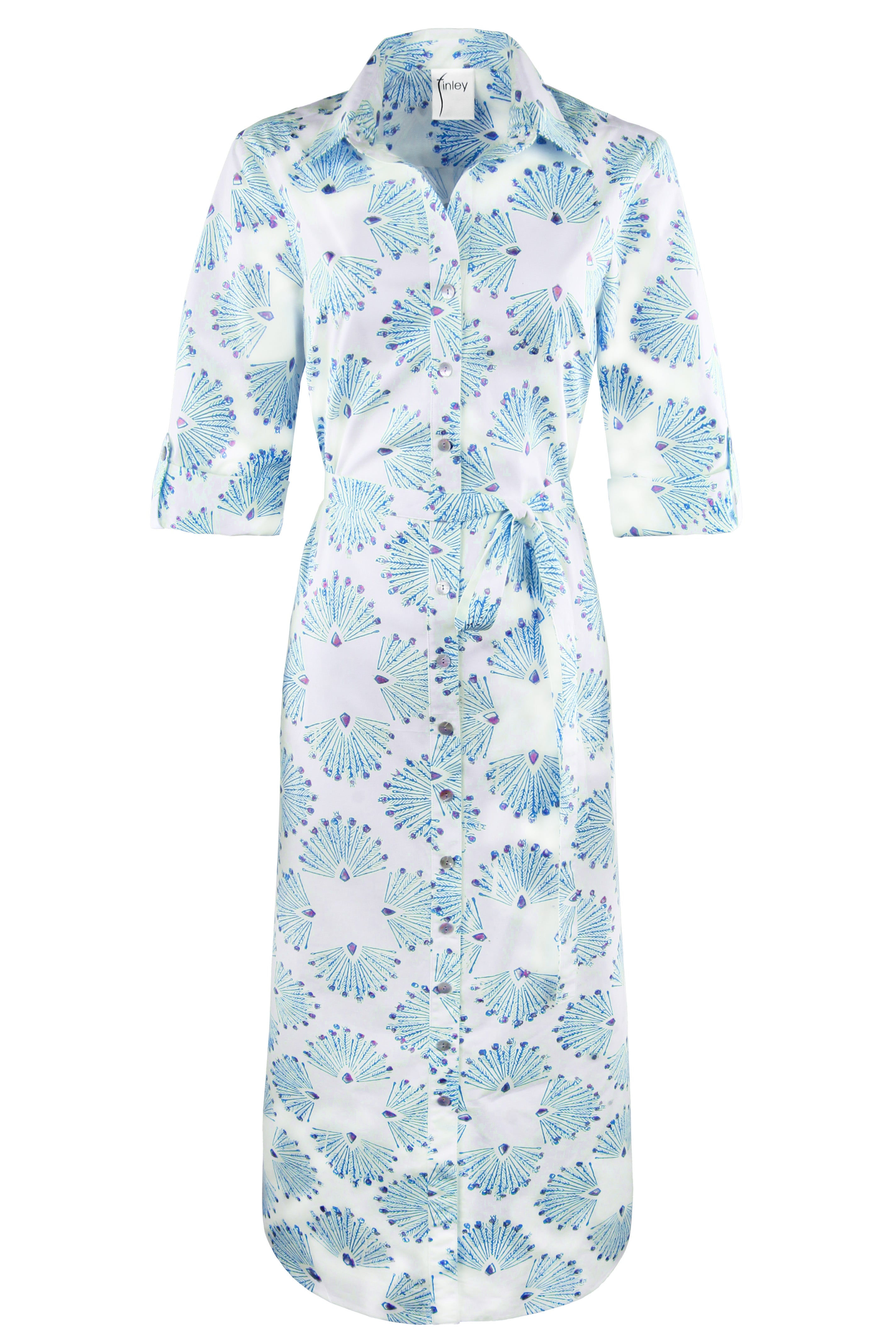 MENDED Alex Long Shirtdress Turquoise Peacock Print