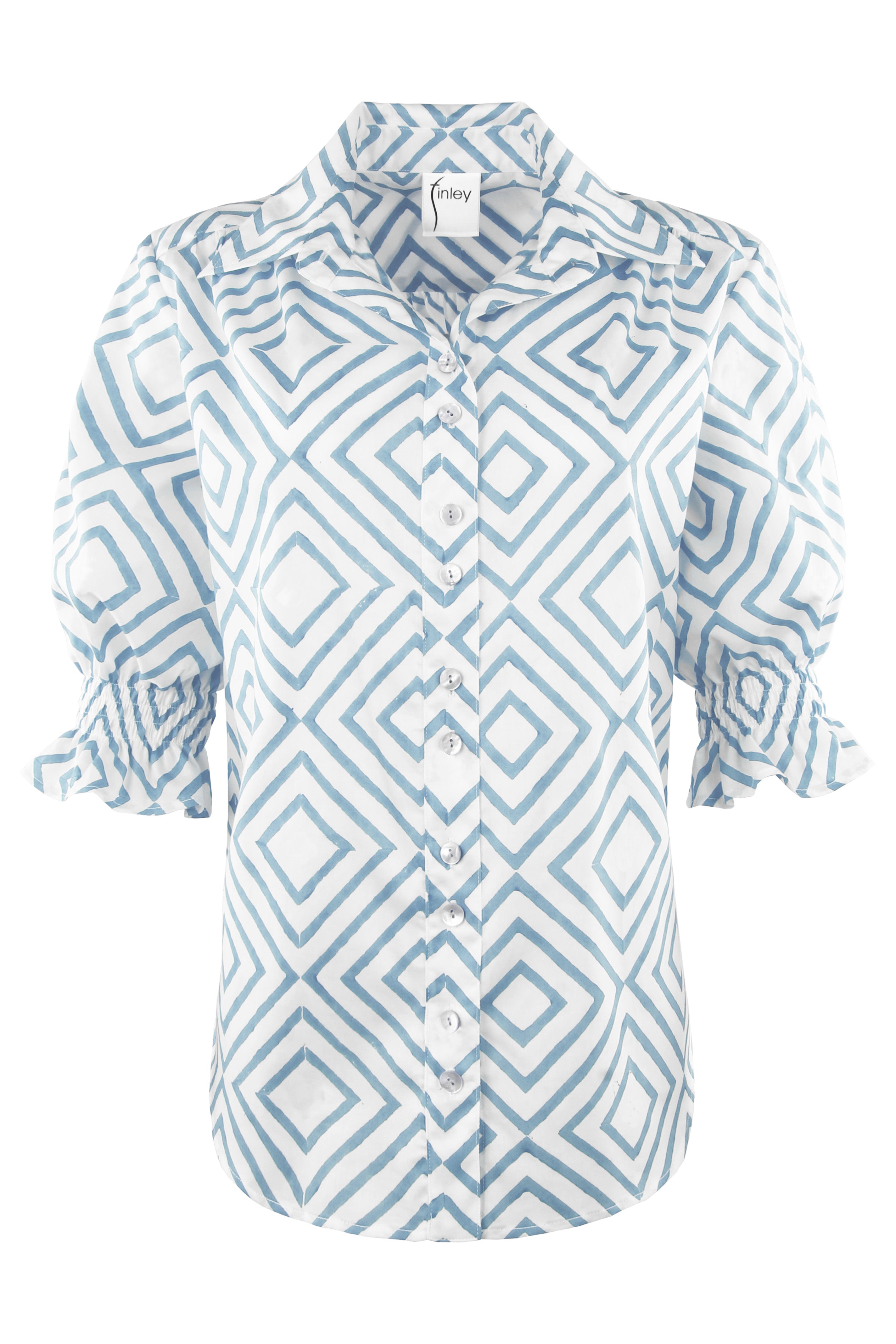 MENDED Sirena Short Puff Sleeve Blouse, Blue Diamond Print