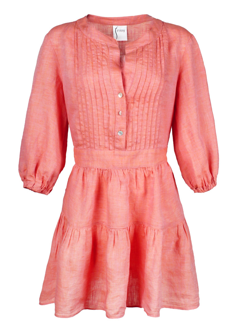 A front view of the Finley Mia dress, a washed linen long-sleeve button dress with a relaxed fit and a dusty pink color.
