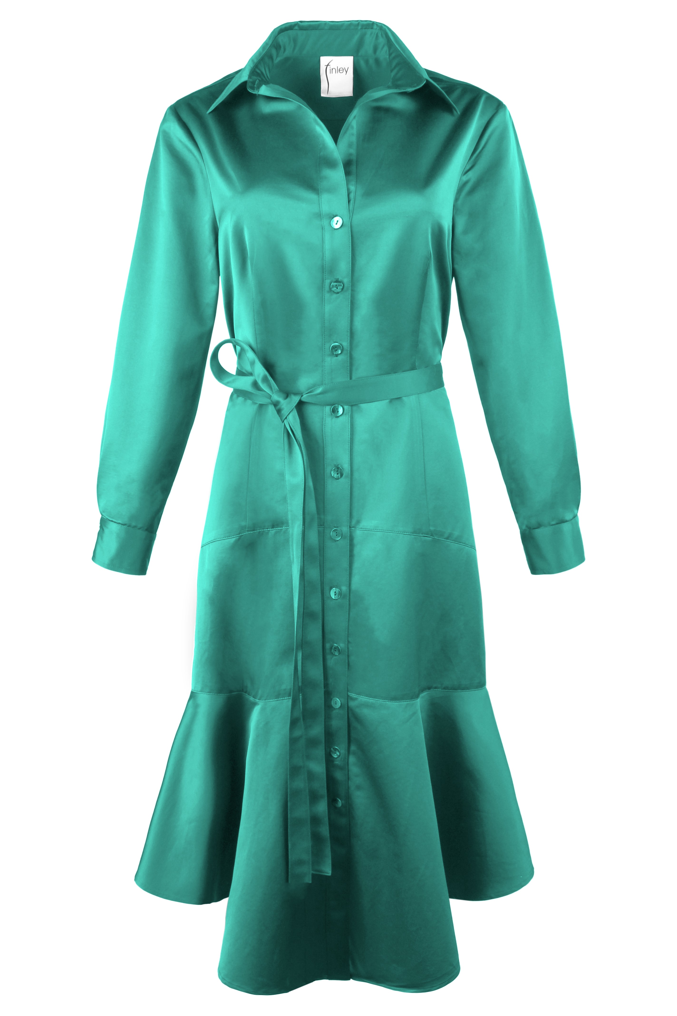 Leonardo | Tie Front Button-Down Emerald Green Satin Midi Dress