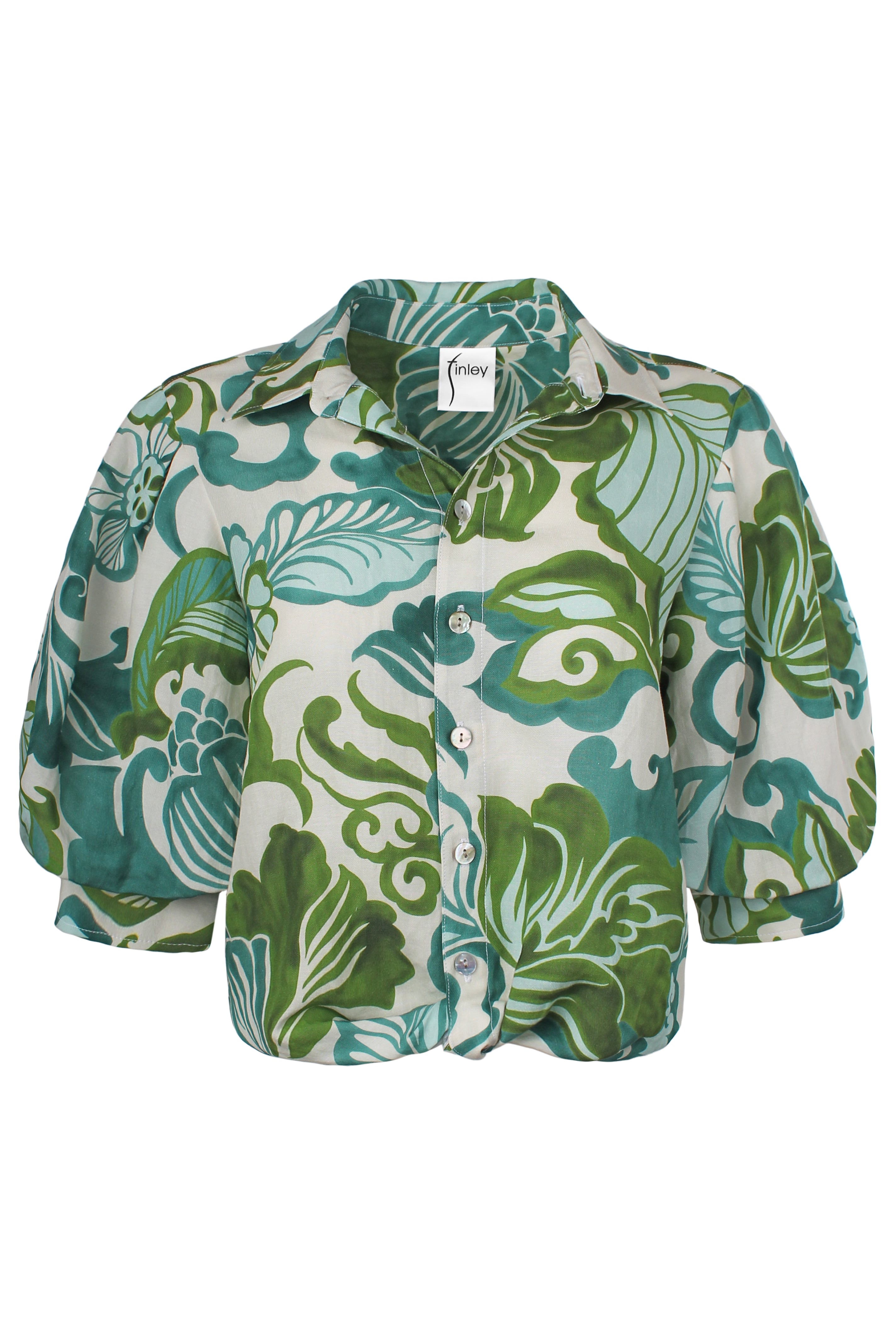 Bomba Short Sleeve Poplin Twist-Hem Blouse, Mid Mod Tropical Print