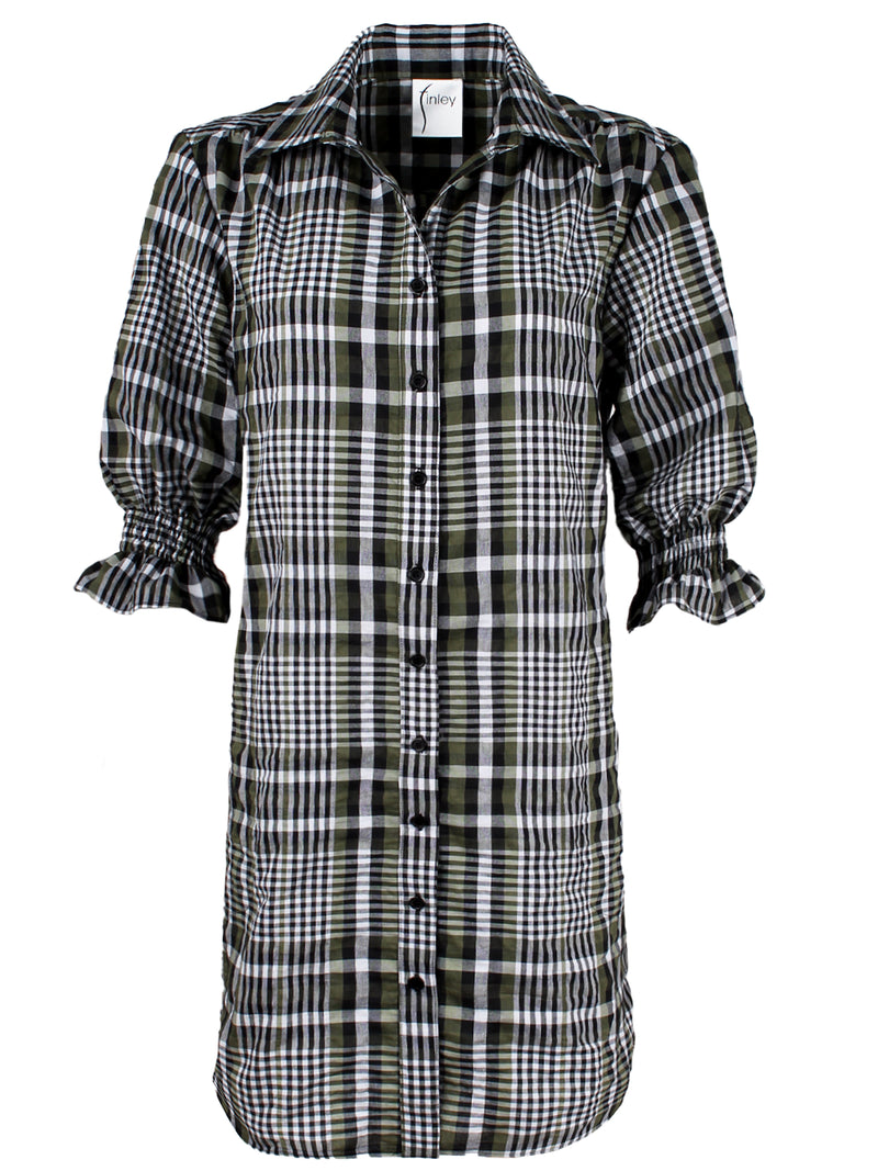 The Finley Miller dress, a button-down puff sleeve shirt dress with a spread collar and a dark green plaid pattern.