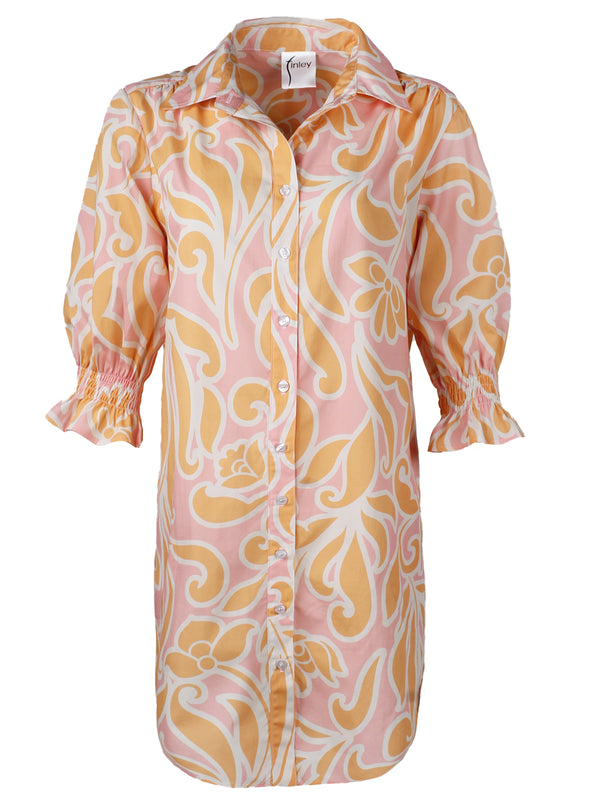 The Finley Miller dress, a button-down puff sleeve shirt dress with a spread collar and a pink and yellow floral pattern.