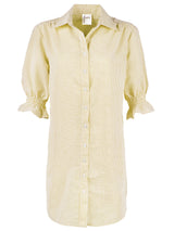 The Finley Miller dress, a yellow seersucker shirt dress with puff sleeves, a spread collar, and pockets.