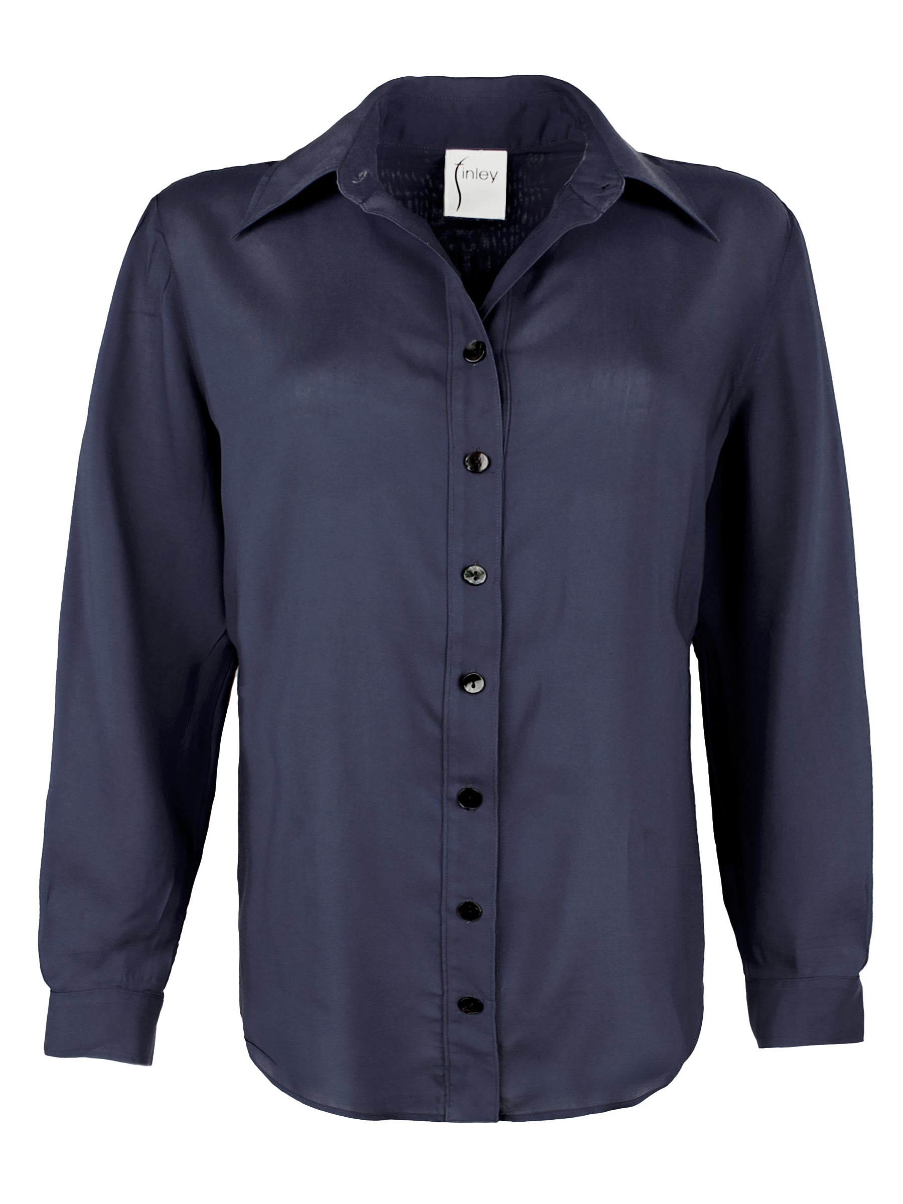 A front view of the Finley Mini Monica top, a viscose voile navy blue blouse with a relaxed shape and long sleeves.