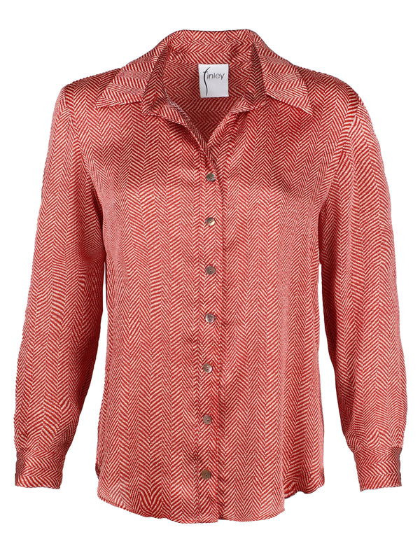 The Finley Mini-Monica, a relaxed fit brick red herringbone women's button-down blouse - front