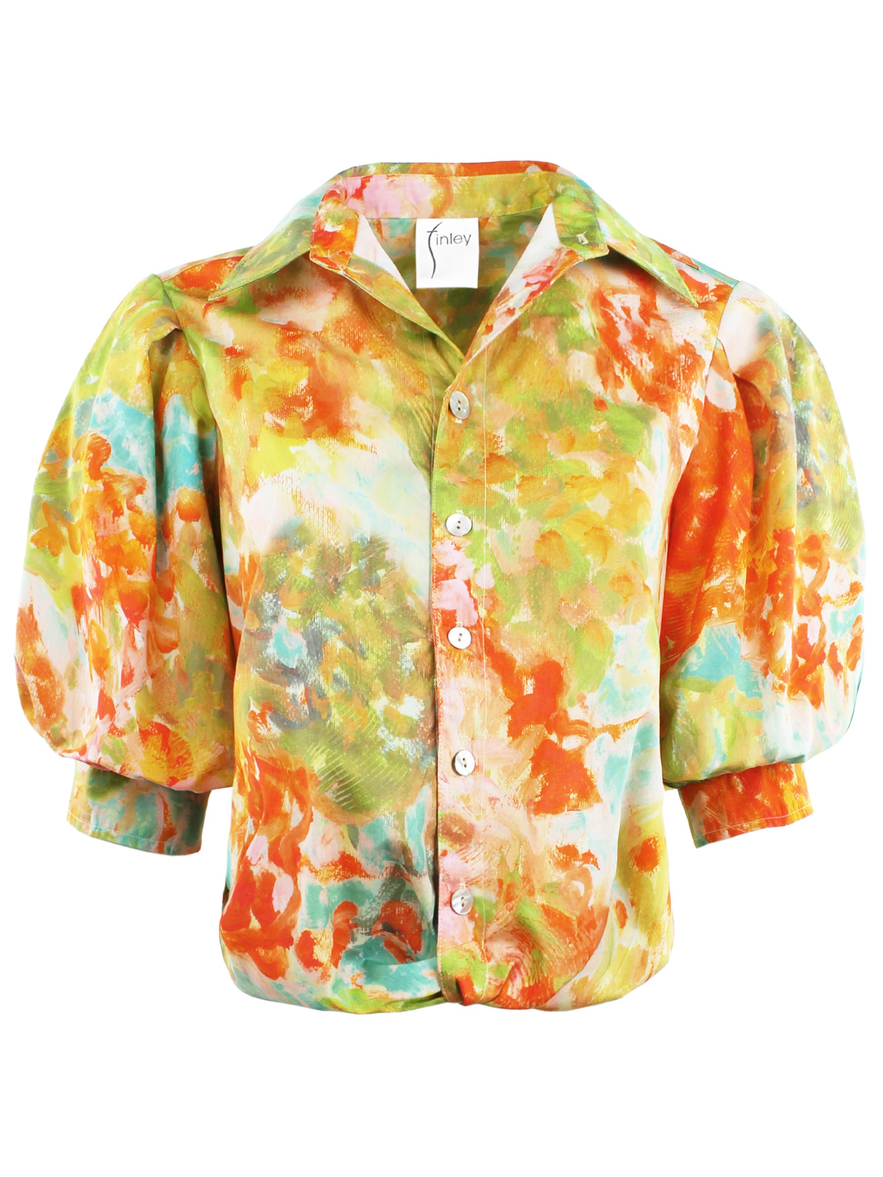 Front view of Finley Bomba Monet floral print cotton shirt. Point collar, button front, elbow blouson sleeves, elasticized twist hem.
