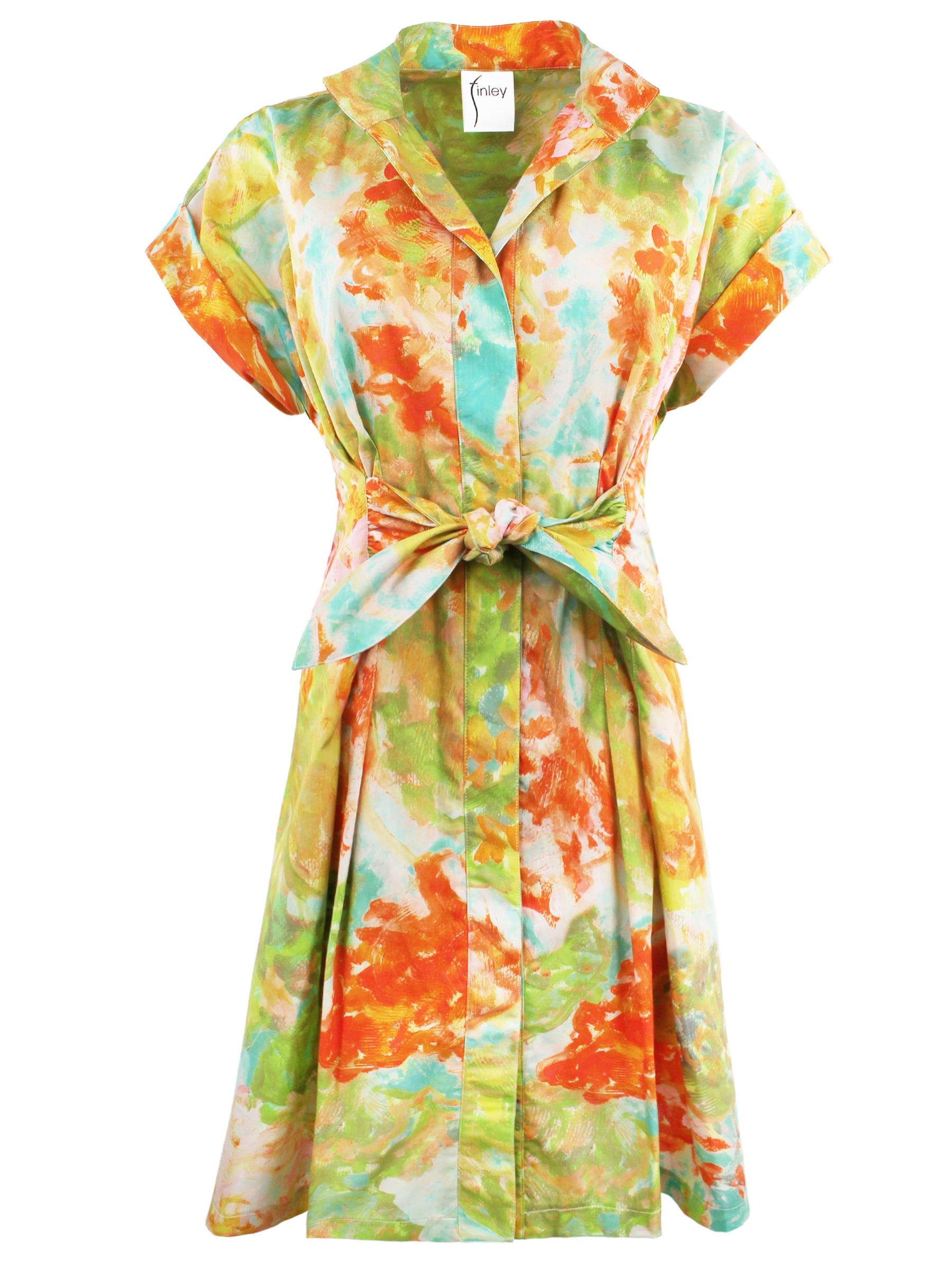 Front view of Finley Rocky floral-print shirt dress: band collar, concealed buttons, cap sleeves, waist tie, A-line silhouette.
