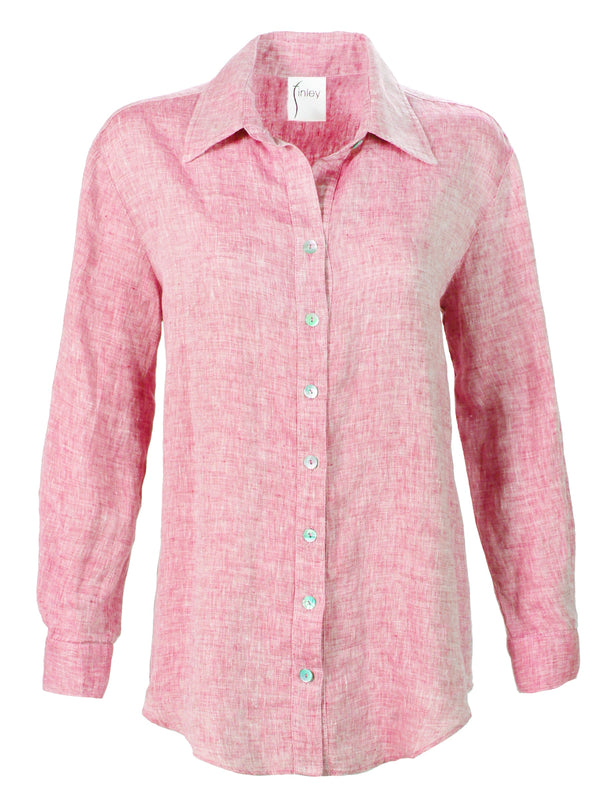 A front view of the Finley Monica blouse, a washed linen button-down shift with a relaxed fit and a coral pink color.